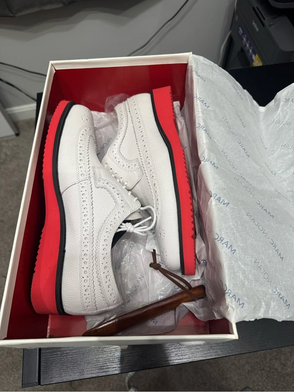 Men's White/RedWingtip Brogue loafers with Red Accent Sole from Brand Marc Nolan